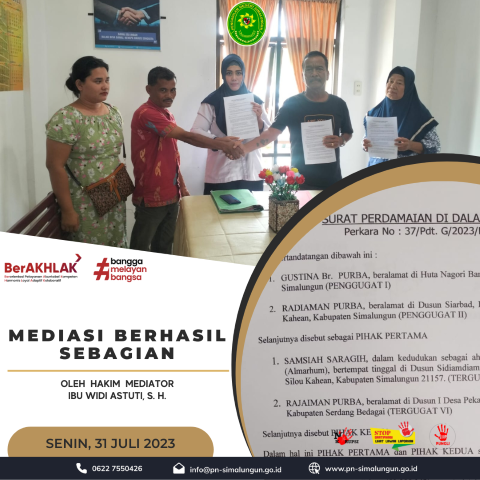 Mediasi Berhasil Sebagian yang dilakukan oleh Hakim Mediator Pengadilan Negeri Simalungun Mediasi Berhasil Sebagian yang dilakukan oleh Hakim Mediator Pengadilan Negeri Simalungun
