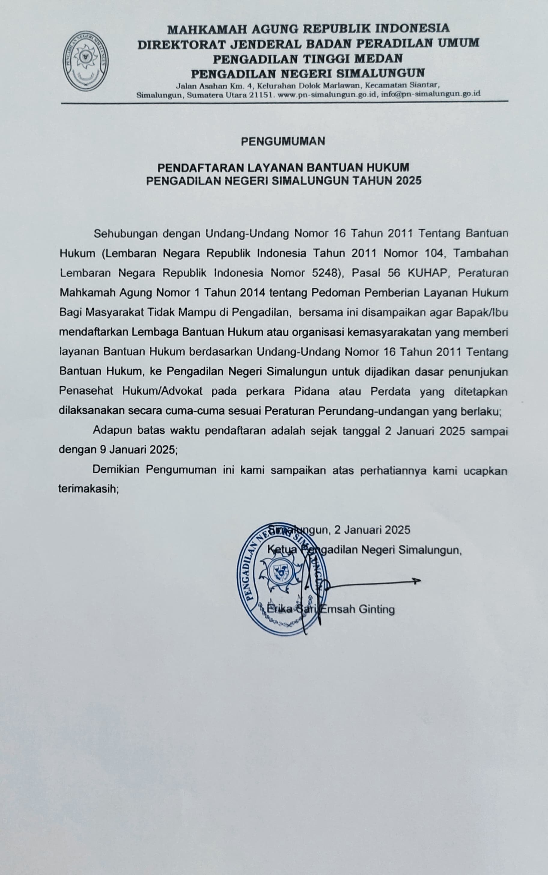 PENGUMUMAN - PENDAFTARAN LAYANAN BANTUAN HUKUM PENGADILAN NEGERI SIMALUNGUN TAHUN 2025