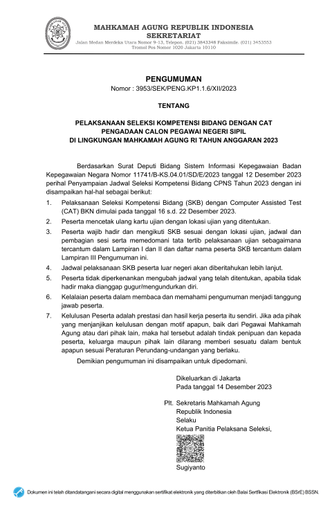 Pelaksanaan Seleksi Kompetensi Bidang Dengan Cat Pengadaan Calon Pegawai Negeri Sipil Di Lingkungan Mahkamah Agung RI Tahun Anggaran 2023
