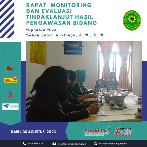 Rapat Monitoring dan Evaluasi Tindak Lanjut Hasil Pengawasan Bidang Bulan Agustus Tahun 2023 pada Pengadilan Negeri Simalungun Rapat Monitoring dan Evaluasi Tindak Lanjut Hasil Pengawasan Bidang Bulan Agustus Tahun 2023 pada Pengadilan Negeri Simalungun