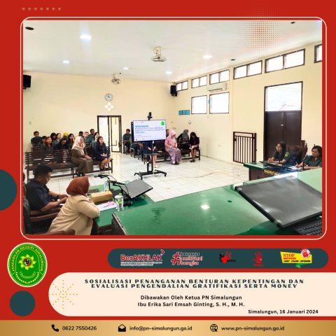 Sosialisasi Penanganan Benturan Kepentingan dan Evaluasi Pengendalian Gratifikasi serta Monitoring dan Evaluasinya pada Pengadilan Negeri Simalungun Sosialisasi Penanganan Benturan Kepentingan dan Evaluasi Pengendalian Gratifikasi serta Monitoring dan Evaluasinya pada Pengadilan Negeri Simalungun