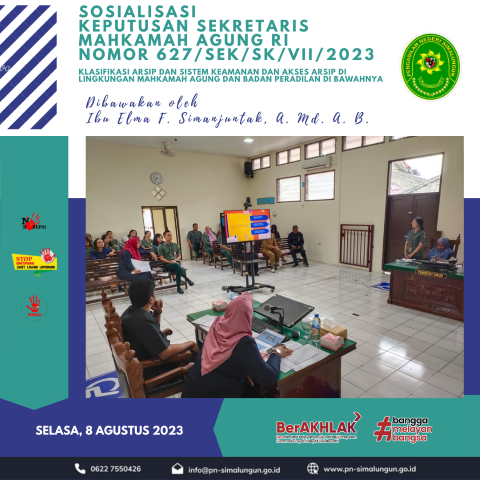Sosialisasi Keputusan Sekretaris Mahkamah Agung RI Nomor 627/SEK/SK/VII/2023 tentang Klasifikasi Arsip dan Sistem Keamanan dan Akses Arsip Di Lingkungan Mahkamah Agung dan Badan Peradilan Di Bawahnya. Sosialisasi Keputusan Sekretaris Mahkamah Agung RI Nomor 627/SEK/SK/VII/2023 tentang Klasifikasi Arsip dan Sistem Keamanan dan Akses Arsip Di Lingkungan Mahkamah Agung dan Badan Peradilan Di Bawahnya.
