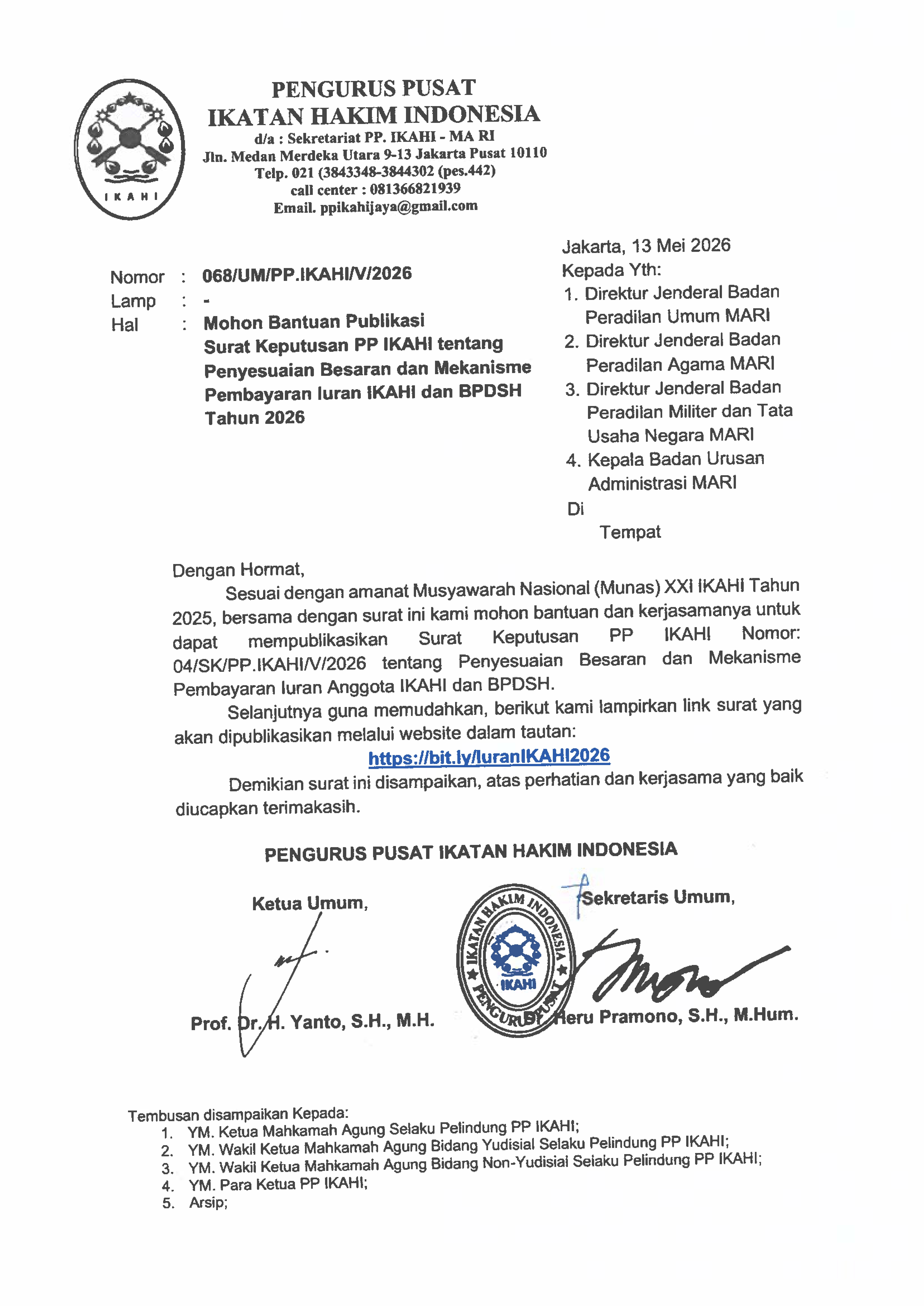 Pengumuman Surat Keputusan PP IKAHI Tentang Penyesuaian Besaran dan Mekanisme Pembayaran Iuran IKAHI dan BPDSH Tahun 2026
