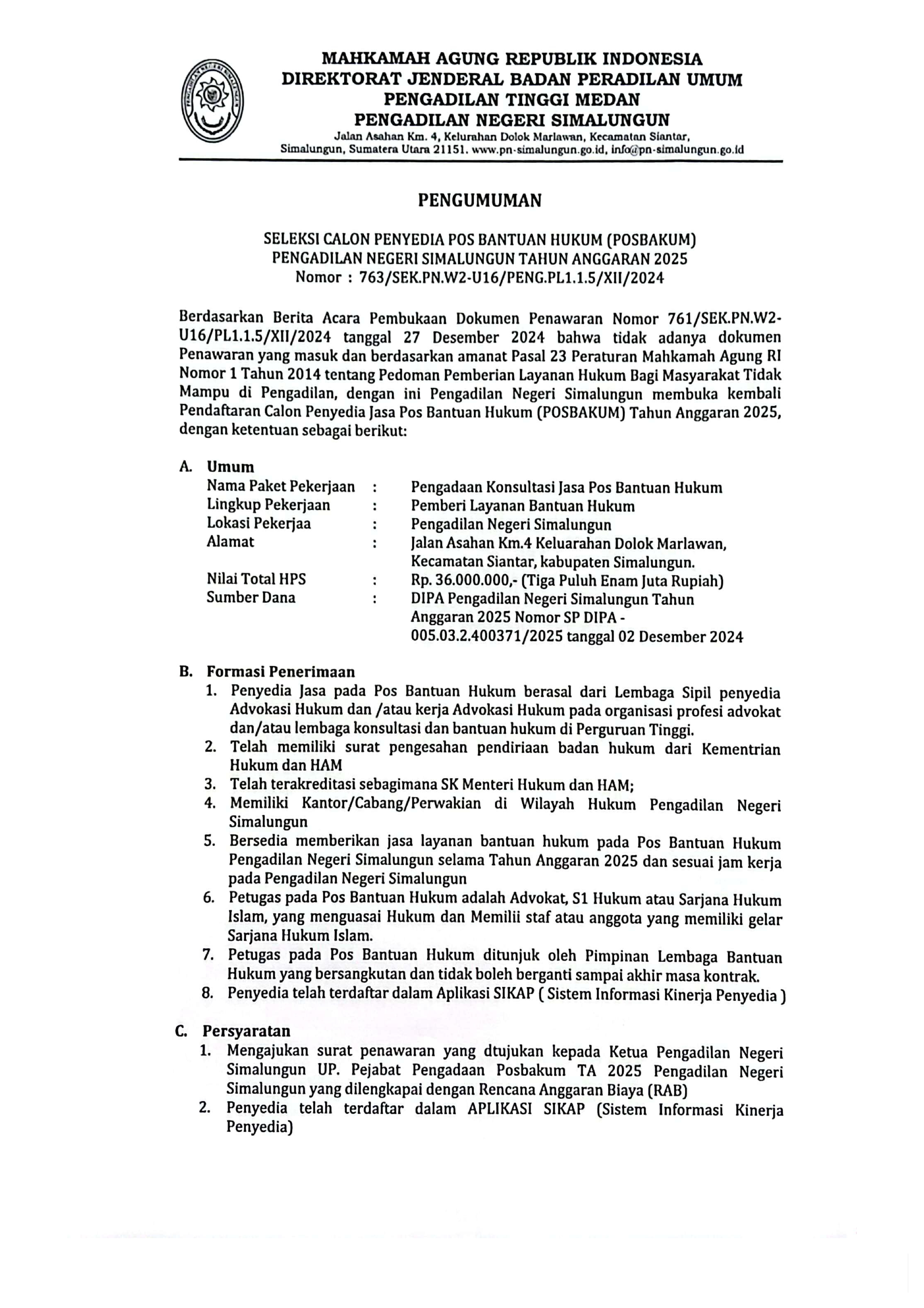 PENGUMUMAN - Seleksi Calon POS Bantuan Hukum (POSBAKUM) Pengadilan Negeri Simalungun Tahun Anggaran 2025