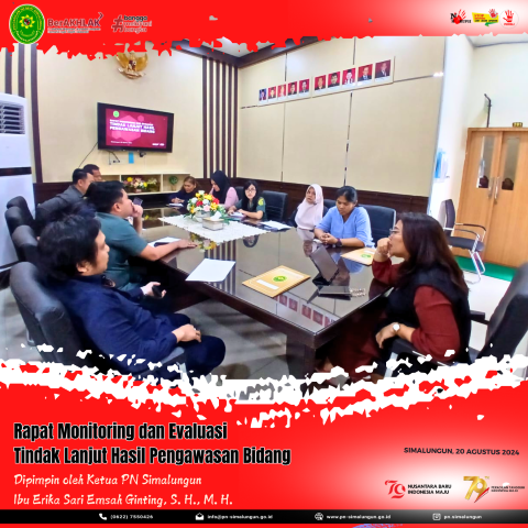 Rapat Pengawasan Bidang Bulan Juli 2024, Tindak Lanjut Hasil Pengawasan Bidang, dan Monitoring Evaluasi Zona Integritas pada Pengadilan Negeri Simalungun 